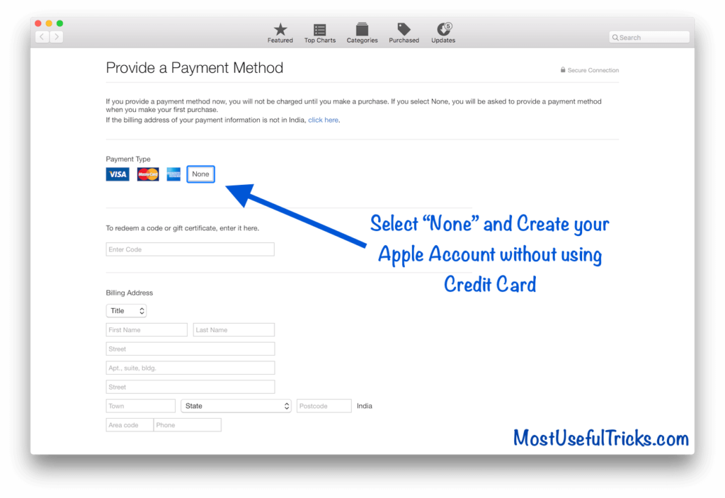 Select “None” and Create your Apple Account without using Credit Card