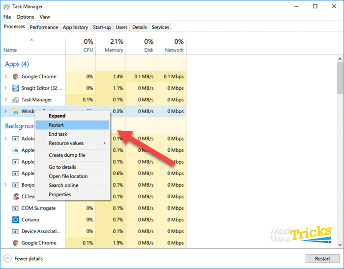 Restart Windows Explorer In Windows 10 Task Manager