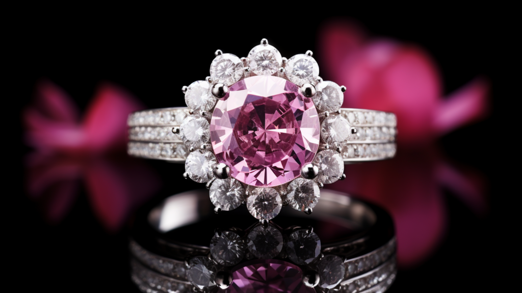 argyle diamonds floral ring floating on black and pink space