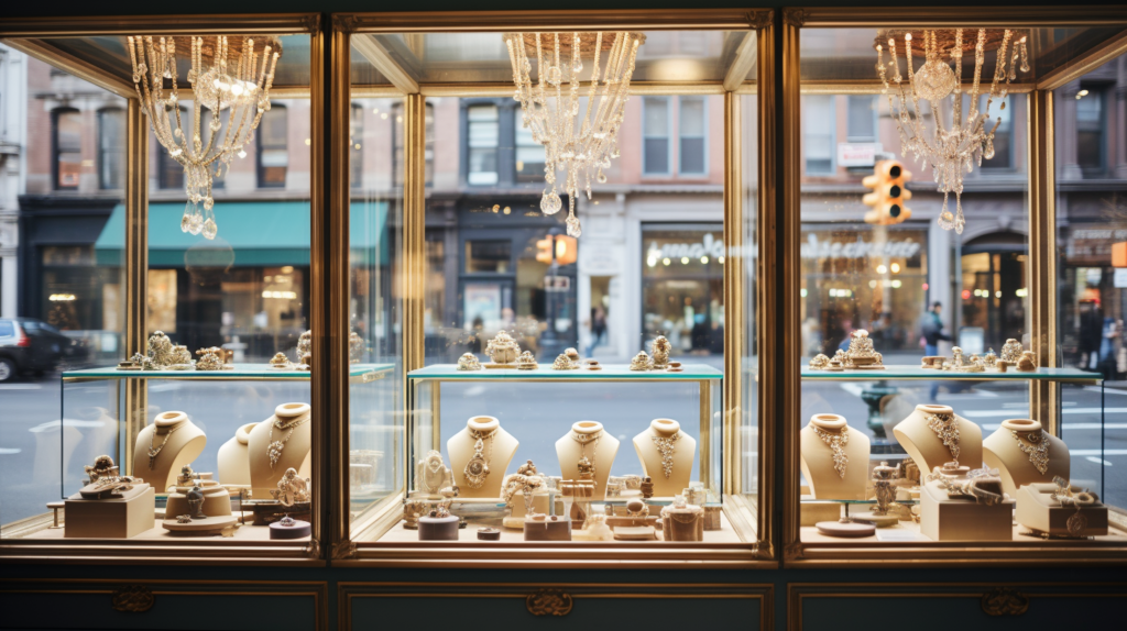 best places to buy vintage engagement rings in a store illuminated by chandeliers