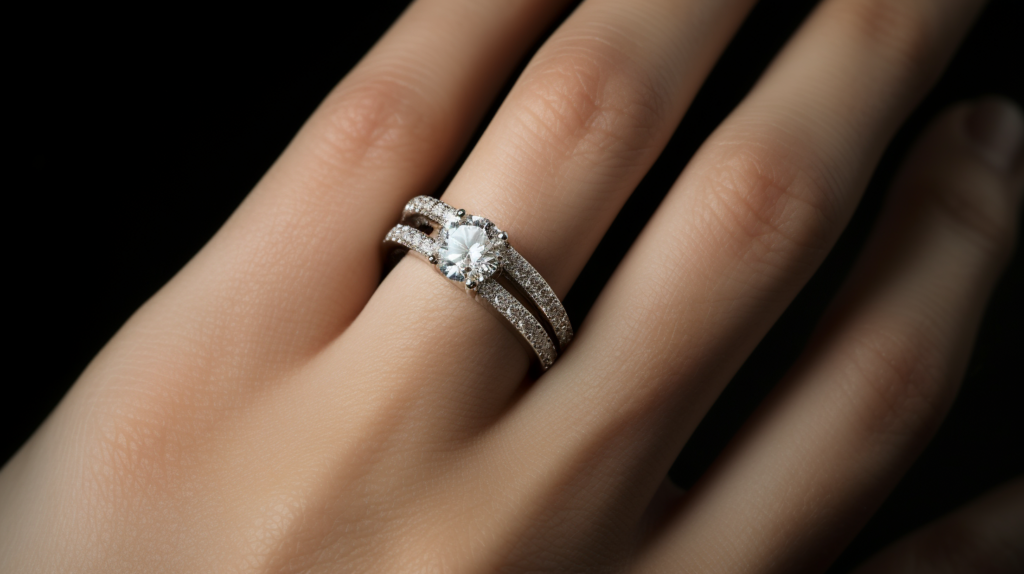  unique diamond ring worn on finger 