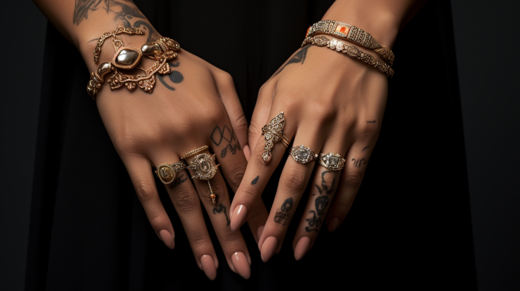 long tattooed fingers with rings