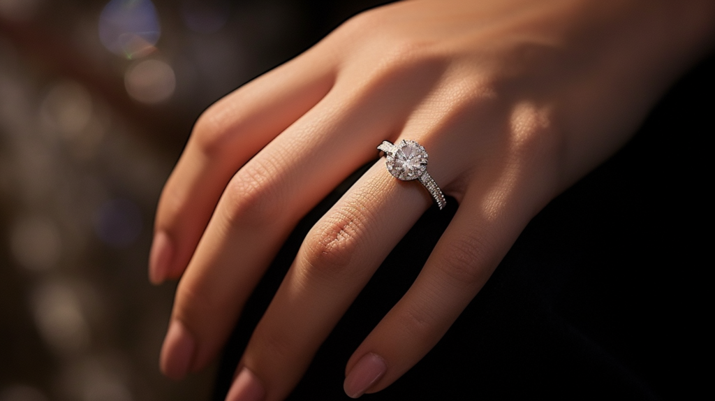 Wide Band Engagement Ring on a finger
