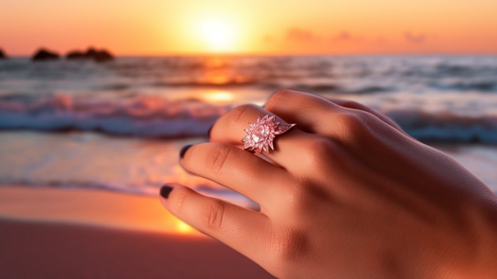 engagement ring finger on a sunset beach backdrop
